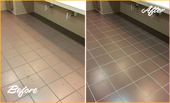 Before and After Picture of a Darien Restrooms Tile and Grout Cleaned to Remove Embedded Dirt