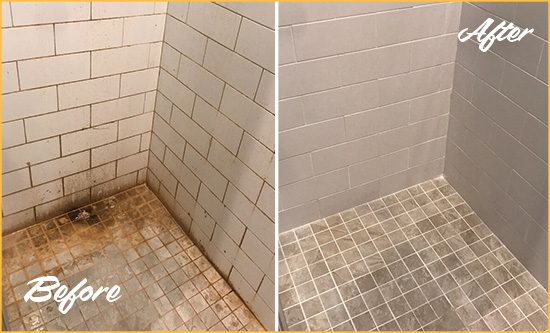 Before and After Picture of a Golden Coast Shower Tile and Grout Cleaned to Eliminate Mold and Stains