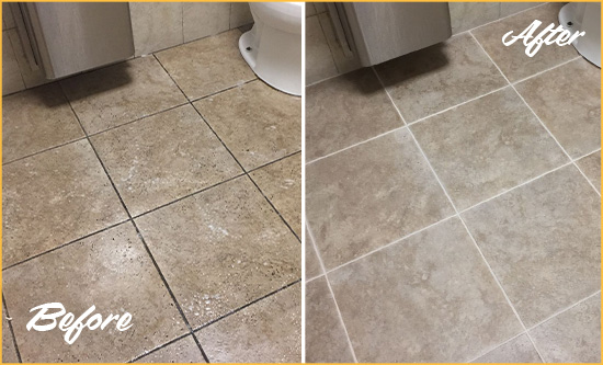 Before and After Picture of a Wadsworth Restroom Tile and Grout Cleaned to Remove Soil