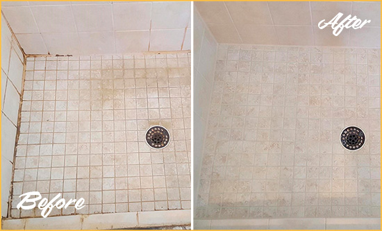 Before and After Picture of a Lisle Shower Caulked to Fix Cracks