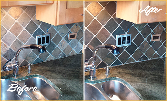 Before and After Picture of a Lisle Backsplash Caulked to Fix and Prevent Water Leaks