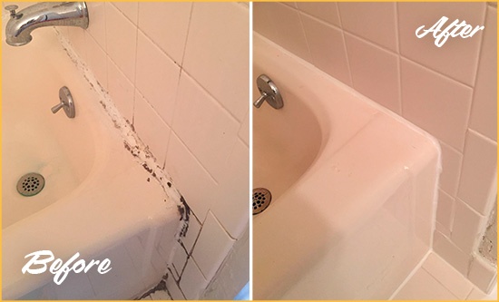 Before and After Picture of a Highwood Bathroom Sink Caulked to Fix a DIY Proyect Gone Wrong