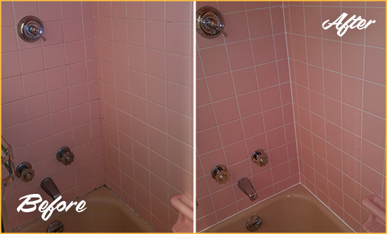 Before and After Picture of a Steger Bathtub Caulked to Eliminate Mold