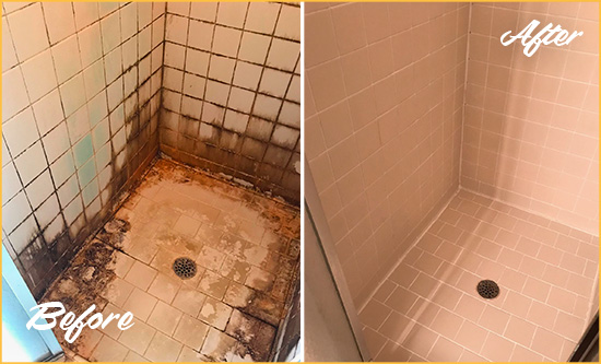 Before and After Picture of a Steger Shower Caulked to Fix and Prevent Water Damage