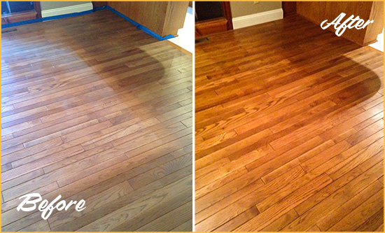 Before and After Picture of a Flossmoor Wood Sandless Refinishing Service on a Dull Floor to Recover Its Sheen