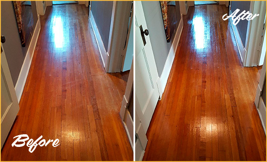 Before and After Picture of a Wood Dale Wood Sandless Refinishing Service on a Floor to Eliminate Scratches