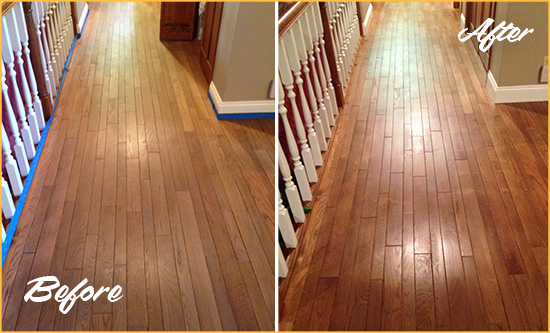 Before and After Picture of a Flossmoor Wood Sandless Refinishing Service on a Worn Out Floor