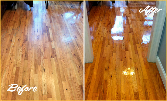 Before and After Picture of a Carol Stream Wood Sandless Refinishing Service on a Worn Out Hallway