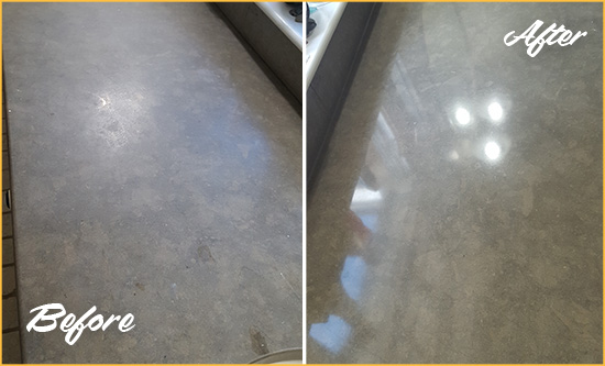 Before and After Picture of a Dull Bannockburn Limestone Countertop Polished to Recover Its Color