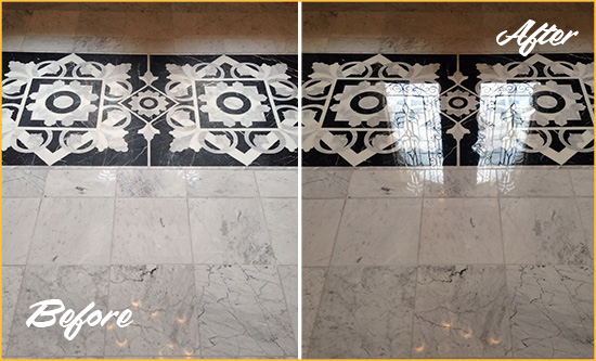 Before and After Picture of a Highwood Marble Stone Floor Polished to a Mirror Shine