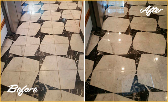 Before and After Picture of a Dull Highwood Marble Stone Floor Polished To Recover Its Luster