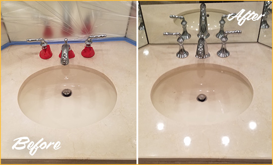 Before and After Picture of a Dull Lynwood Marble Stone Vanity Top Polished to Bring-Back Its Sheen