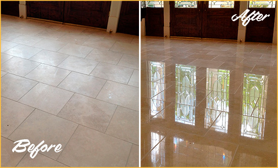 Before and After Picture of a Dull Lyons Travertine Stone Floor Polished to Recover Its Gloss