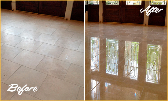 Before and After Picture of a Dull Elmhurst Travertine Stone Floor Polished to Recover Its Gloss