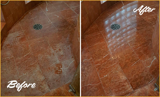 Before and After Picture of a Bannockburn Marble Stone Shower Polished to Eliminate Mineral Deposits