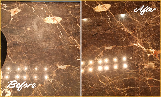 Before and After Picture of a Deerfield Marble Stone Countertop Polished to Eliminate Stains