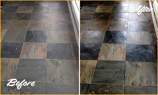 Before and After Picture of a Dull Glenwood Slate Floor Sealed to Bring Back Its Colors