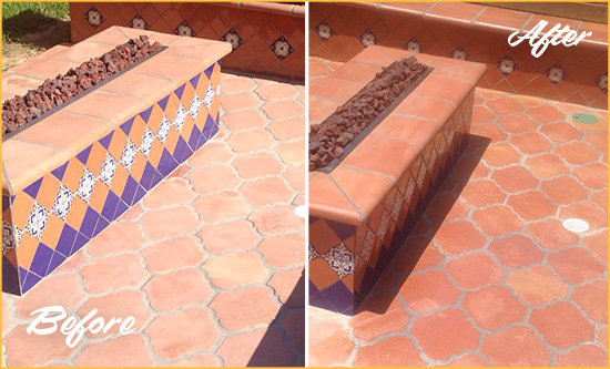 Before and After Picture of a Dull Great Lakes Terracotta Patio Floor Sealed For UV Protection