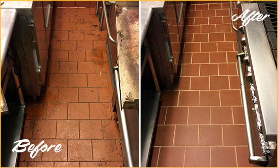 Before and After Picture of a Berkeley Restaurant Kitchen Floor Sealed to Remove Soil