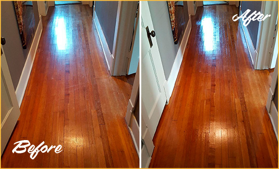 Before and After Picture of a Third Lake Wood Sand Free Refinishing Service on a Floor to Eliminate Scratches