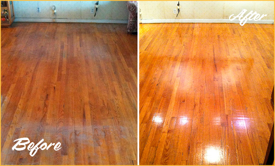 Before and After Picture of a Third Lake Wood Sand Free Refinishing Service on a Stained Floor