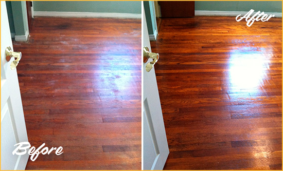 Before and After Picture of a Old Mill Creek Wood Sand Free Refinishing Service on a Dull Floor to Remove Stains