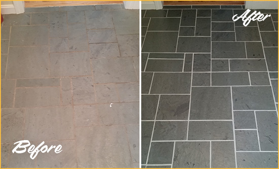 Before and After Picture of a Lake Zurich Slate Floor Cleaned to Remove Deep-Seated Dirt