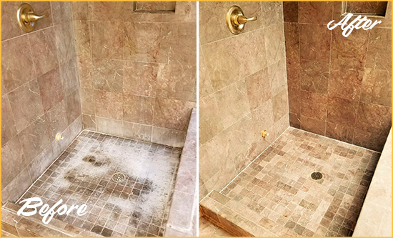 Before and After Picture of a Old Mill Creek Travertine Shower Cleaned to Eliminate Water Spots