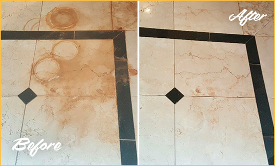 Before and After Picture of a Wood Dale Marble Floor Cleaned to Eliminate Rust Stains