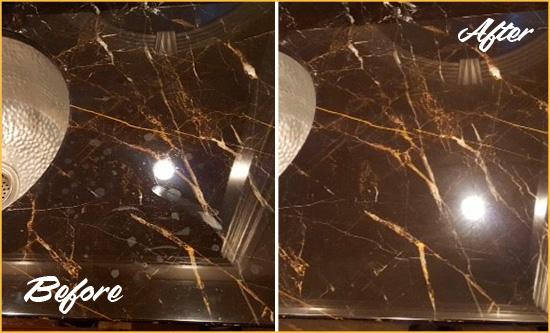 Before and After Picture of a La Grange Park Marble Countertop Cleaned to Remove Water Spots