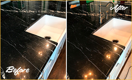 Before and After Picture of a Schaumburg Marble Kitchen Countertop Stone Sealed to Avoid Water Damage