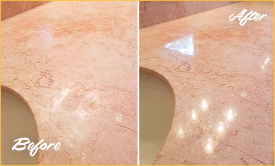 Before and After Picture of a Wood Dale Marble Stone Vanity Top Sealed to Avoid Water Marks