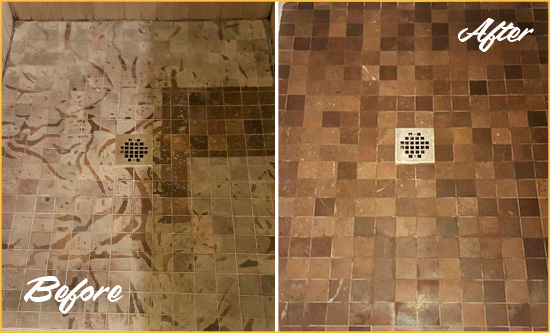 Before and After Picture of a Hoffman Estates Marble Shower Honed to Remove Etching