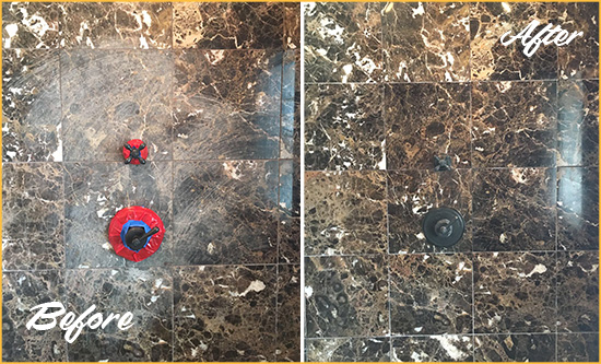 Before and After Picture of a Wheaton Marble Shower Honed to Remove Scratches