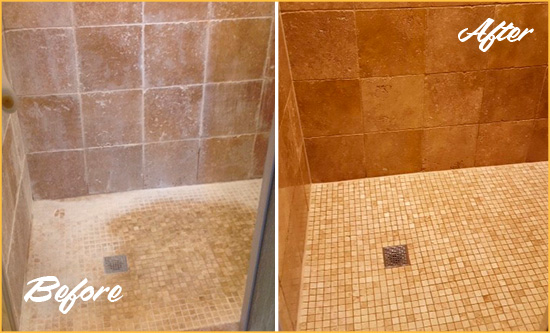 Before and After Picture of a Deerfield Travertine Shower Honed to Remove Mineral Deposits