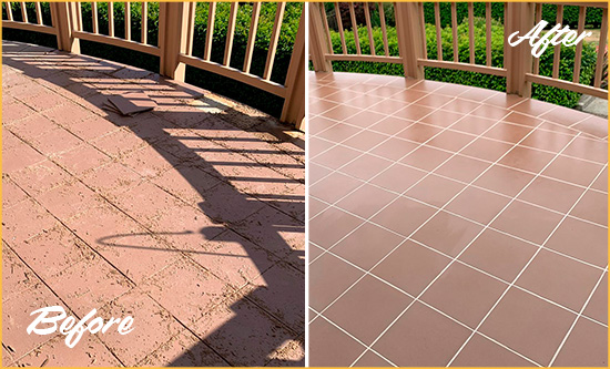 Before and After Picture of a Northlake Hard Surface Restoration Service on a Tiled Deck