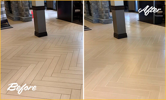 Before and After Picture of a Crete Hard Surface Restoration Service on an Office Lobby Tile Floor to Remove Embedded Dirt