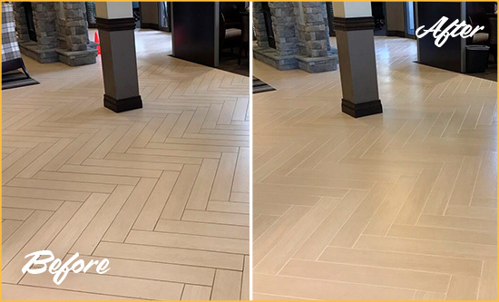 Before and After Picture of a Lansing Hard Surface Restoration Service on an Office Lobby Tile Floor to Remove Embedded Dirt