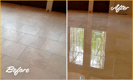 Before and After Picture of a Norridge Hard Surface Restoration Service on a Dull Travertine Floor Polished to Recover Its Splendor