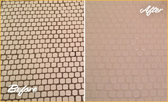 Before and After Picture of a Northlake Hard Surface Restoration Service on a Bathroom Tile Floor Recolored to Fix Grout Color