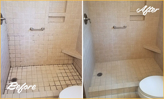 Before and After Picture of a Shower Grout Cleaned to Remove Mold