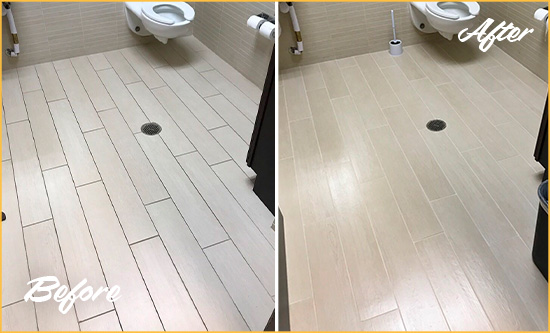 Before and After Picture of a Gurnee Office Restroom's Grout Cleaned to Remove Dirt