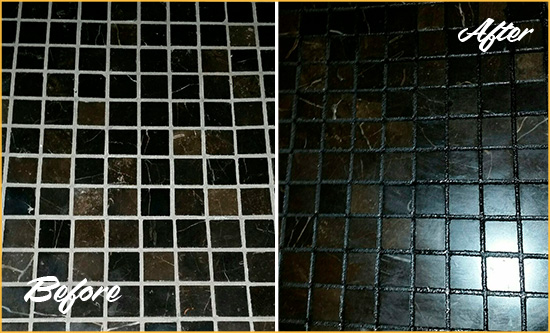 Before and After Picture of a Uptown Black Floor with Recolored Grout