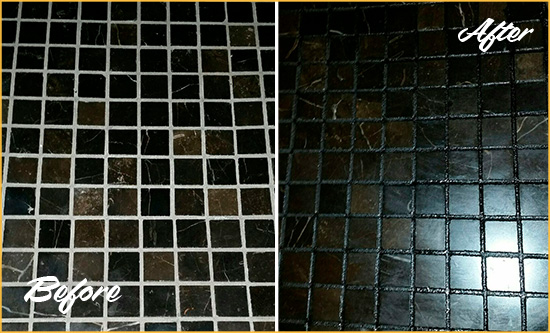 Before and After Picture of a Bellwood Black Floor with Recolored Grout