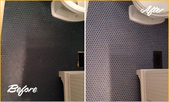 Before and After Picture of a Indian Head Park Blue Tile Floor Recolored Grout