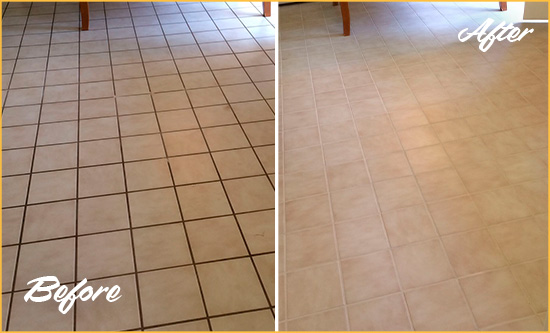 Before and After Picture of a Evanston Kitchen Tile Floor with Recolored Grout