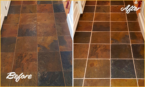 Before and After Picture of a Abbott Park Slate Floor Recolored Grout