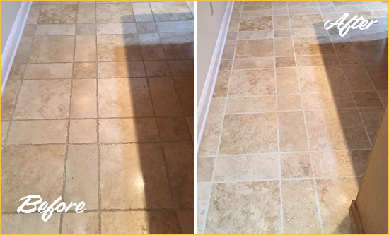 Before and After Picture of a Fort Sheridan Travertine Kitchen Floor Recolored Grout