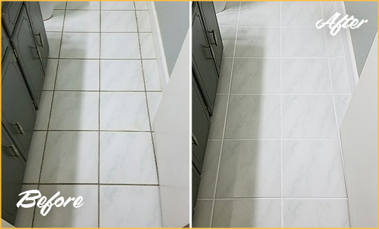 Before and After Picture of a Fort Sheridan White Ceramic Tile with Recolored Grout