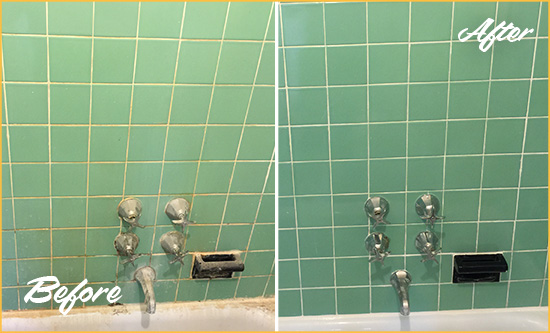 Before and After Picture of a Brookfield Bath Tub Grout Sealed to Avoid Water Damage